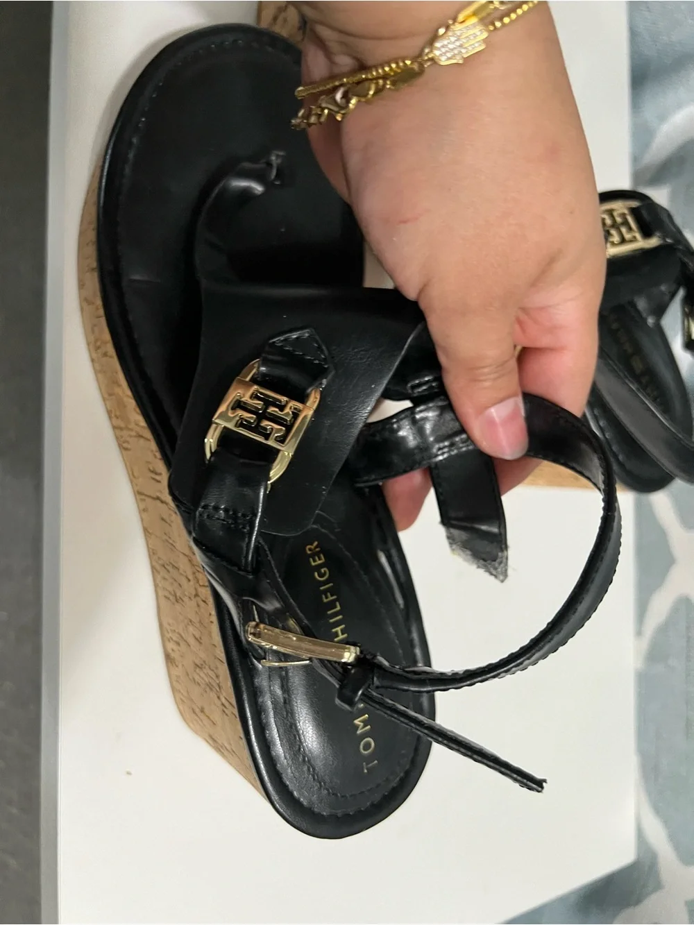Tommy Hilfiger black  with tan heels Wedges